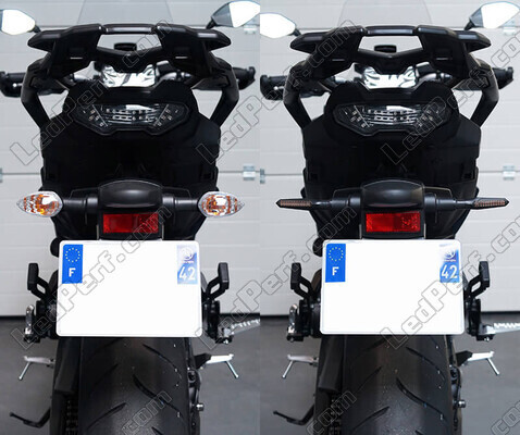 Comparativo antes y después del cambio de intermitentes secuenciales de LED de Indian Motorcycle Scout bobber 1133 (2018 - 2023)