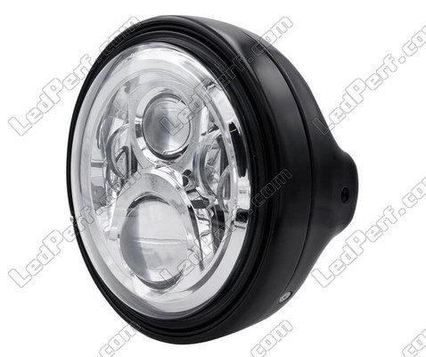 Ejemplo de faro redondo negro con óptica de LED cromada de Triumph Bonneville T120